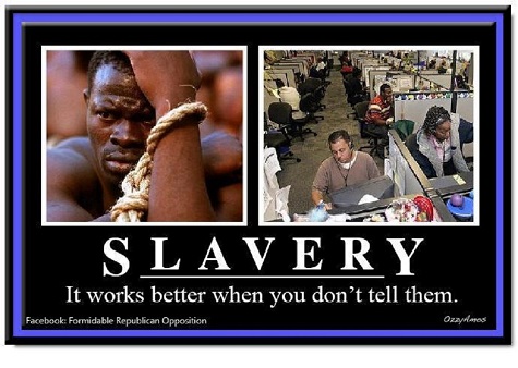 Slavernij is wanneer partijen zich jouw arbeid toe-eigenen zonder daarvoor zelf een wederdienst naar je te verrichten. Het is het via manipulatie, dwang en geweld afnemen van anderen mensen hun levensenergie en dit jezelf tengoede 